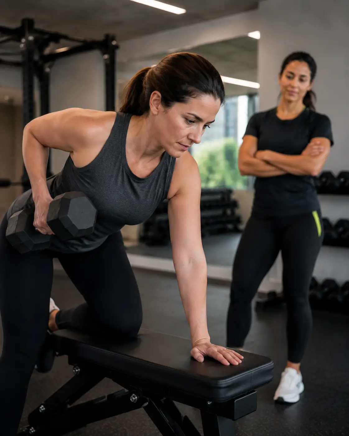 Mujer entrenando fuerza con acompañamiento profesional